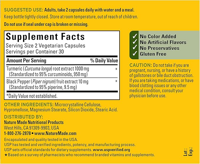 Nature Made Extra Strength Turmeric Curcumin with Black Pepper, 1000mg Turmeric Extract per serving (Standardized to 95% Curcuminoids), Supports Healthy Inflammation Response, 60 Vegetarian Capsules