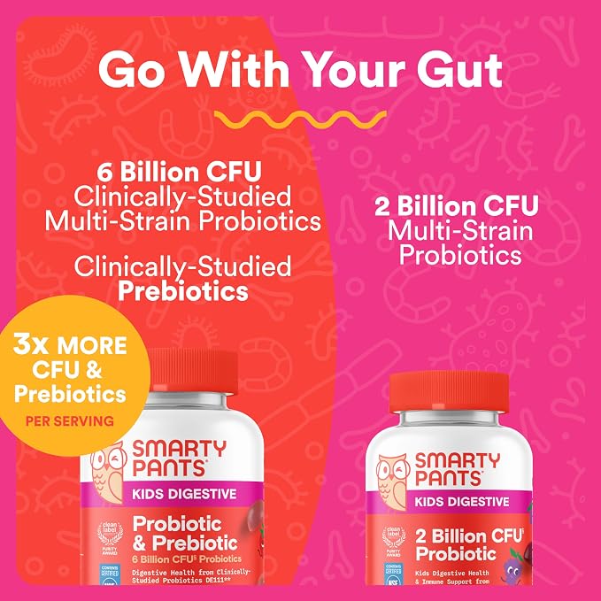 SmartyPants Kids Probiotic & Prebiotic Gummies for Digestive Health: Gut Health Supplement, Clinically Studied Prebiotic for Immune Support, Strawberry, 60 Count (30 Day Supply)