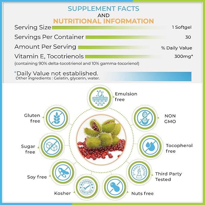 WELLNESS EXTRACT Eannatto Tocotrienols Vitamin E Supplements Tocopherol Free, Non-GMO, Gluten Free & Antioxidant (300MG 30 Softgels)