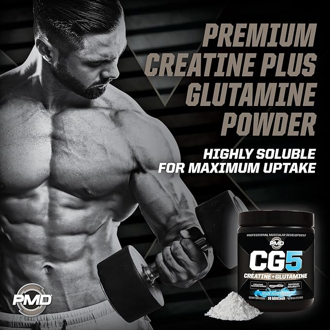 PMD Sports CG5 - Premium Creatine & L Glutamine Powder - Maximum Strength Power Recovery, Build Lean Muscle, Increase Workout Performance - Pre Workout & Post Workout - Blue Raspberry (30 Serv)