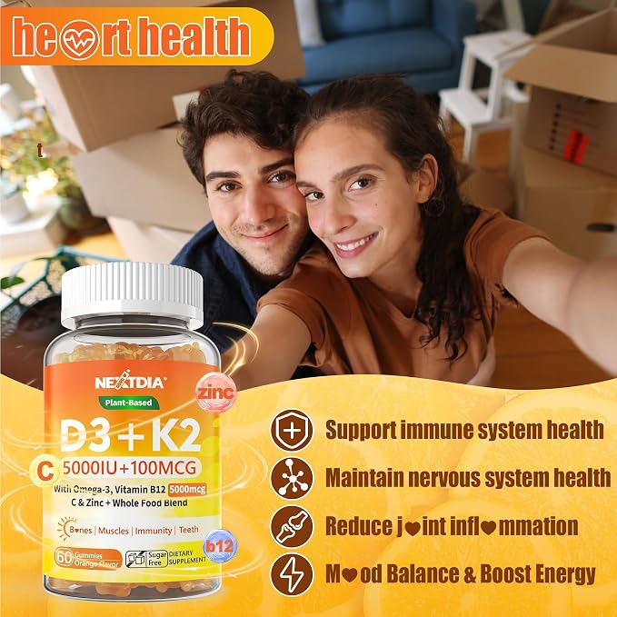 Vitamin D3 K2 Gummies 5000IU / 10,000 IU with Omega-3 250mg+K2(MK-7) 100mcg -5X Absorption Than Standard D3K2,with Vitamin C,Zinc,and 5 Organic Vegetables,Supports Bone & Teeth Strength, Immune,1 Pack