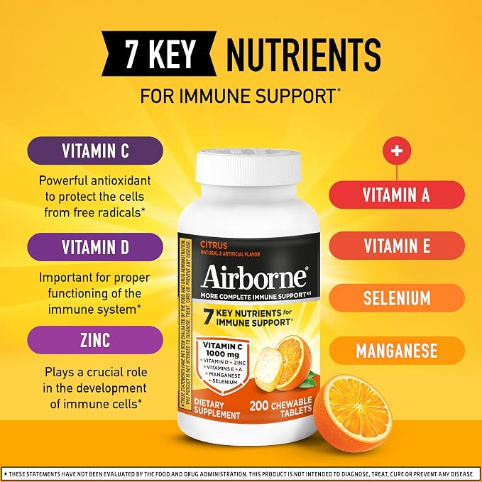 Airborne Citrus Chewable Tablets, 200ct | Immune Support Supplement with 1000mg Vitamin C + Vitamins A, D, E, Zinc,Selenium, & Manganese | Herbal Blend | Gluten Free