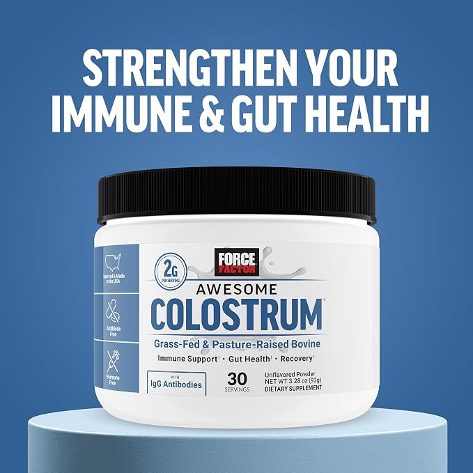 Force Factor Awesome Colostrum to Support Gut Health, Immune Function, Recovery, & More, Bovine Colostrum Supplement, Pasture-Raised, Grass Fed, Hormone Free, Naturally Unflavored, 30 Servings