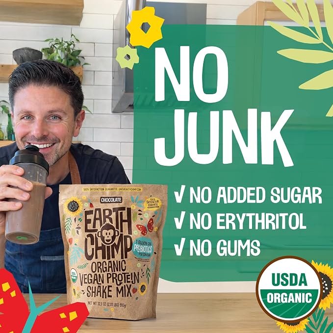 EarthChimp Organic Vegan Protein Powder - with Probiotics - Non GMO, Dairy Free, Non Whey, Plant Based Protein Powder for Women and Men, Gluten Free - 26 Servings 32 Oz (Vanilla)