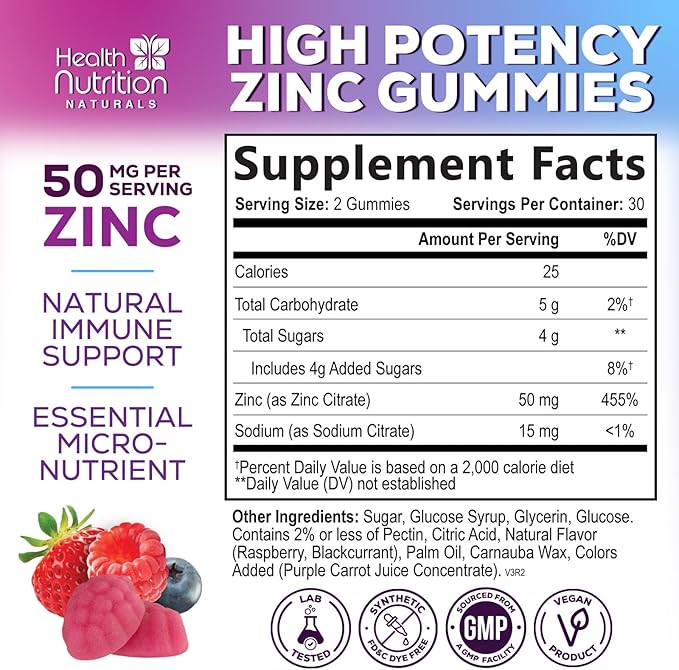 Zinc Gummies 50mg per Serving - Extra Strength Immune Support Antioxidant Gummy, Non-GMO & Gluten Free - Best Zinc Supplement for Skin Bone & Heart Health - Chewable Tasty Berry Flavor - 60 Gummies