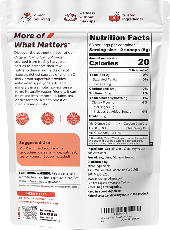 Micro Ingredients Organic Camu Camu Powder, 12 oz | Freshly Harvested Berry Source | Source of Naturally Occurring Vitamin C | Non-GMO, Vegan Friendly