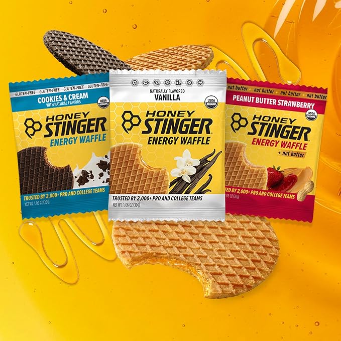 Honey Stinger Organic Energy Waffle Fan Favorites Variety Pack of 18, Vanilla, Cookies and Cream, 6 Pack Each of Peanut Butter Strawberry, Nutritious Stroopwafel Snack for Exercise, Cycling, Running