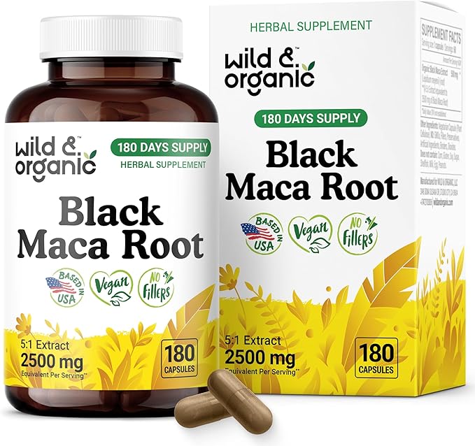 Wild & Organic Black Maca Root Capsules for Men & Women 500 mg - Overall Support for Men & Women - Vegan Maca Powder Supplement - 180 Days Supply - Non-GMO, No Fillers, Gluten-Free - 180 Count