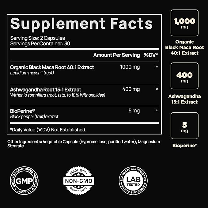 40x Strength Organic Black Maca Root w. Ashwagandha - #1 Highest Potency Black Maca Root Capsules for Men Supplement 40:1 Extract - 100% Pure Maca Peruana Gelatinized Maca Root Powder Pills