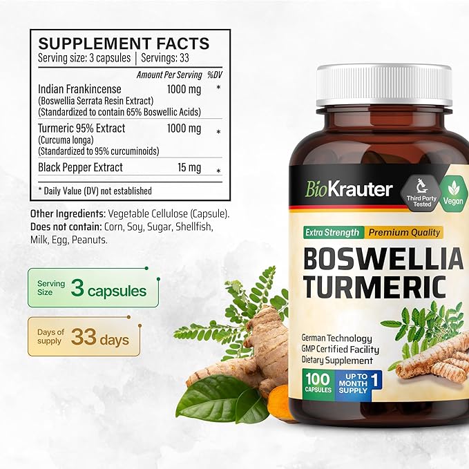 BIO KRAUTER® Turmeric Curcumin Supplement with Boswellia for Joint Support - Vegan Turmeric with Black Pepper & Boswellia Extract 100 Capsules, 33 Days of Supply, Non-GMO - Natural Digestive Support