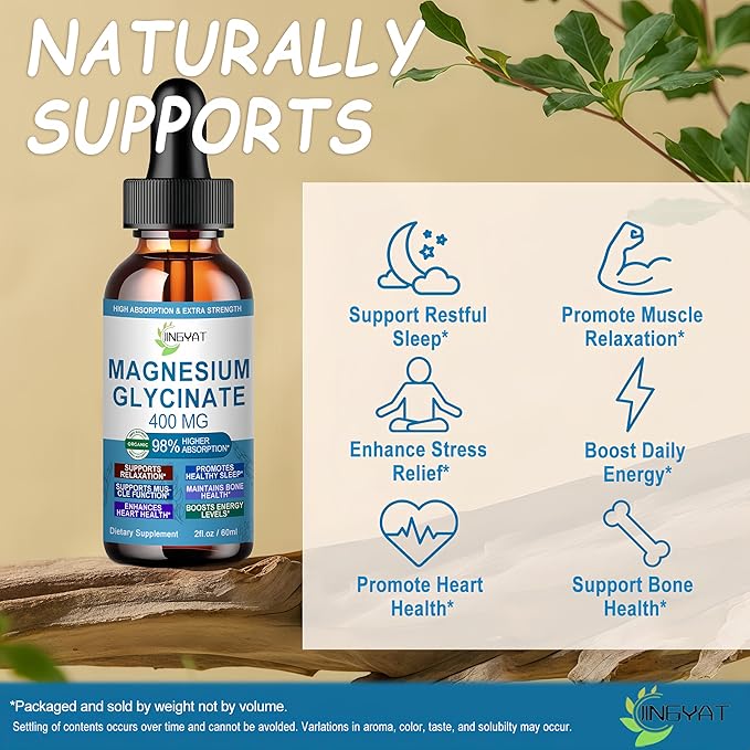 Pure Magnesium Glycinate Drops | High Absorption Liquid Magnesium Glycinate 400mg Support Sleep,Nerve & Bone Health | Magnesium Bisglycinate Chelate for Women & Men | Vegan,Non-GMO,Fast-Acting Formula