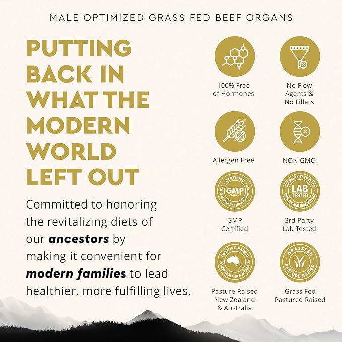 Ancestral Supplements Mofo, Supplements for Men, Support for Energy Levels and Overall Men's Health and Wellness, Non-GMO Grass Fed Beef Organ Supplement with Liver, No Fillers, 180 Capsules