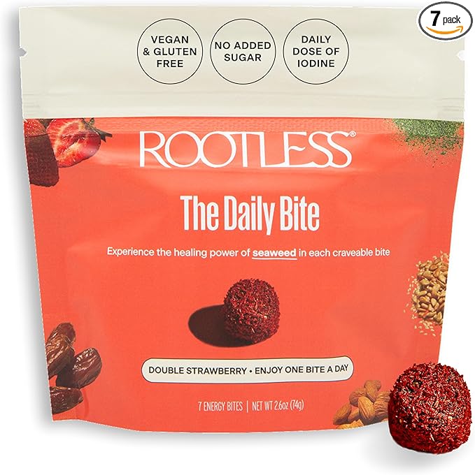 Rootless Seaweed Daily Bites – Double Strawberry – 1 Week Trial Pack for Hormone & Thyroid Health | 100% Daily Iodine, Whole Food Ingredients, No Added Sugar (7 Bites)