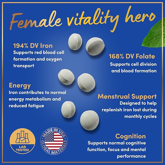 Iron and Folic Acid Supplements for Women - 35mg Gentle Iron Vitamin, Folic Acid 400mcg - Anemia, Period, Pregnancy Support Supplement, Ferrous Sulfate Pills - 60 Vegan Non-Constipating Tablets