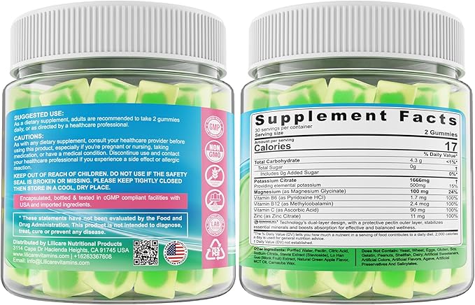 Potassium Citrate Gummies 1666mg for Adults - Potassium Supplement, Magnesium Glycinate, Zinc, B6, B12 & C – Electrolyte Gummies for Energy, Recovery & Leg Cramps, Vegan 60 Cts