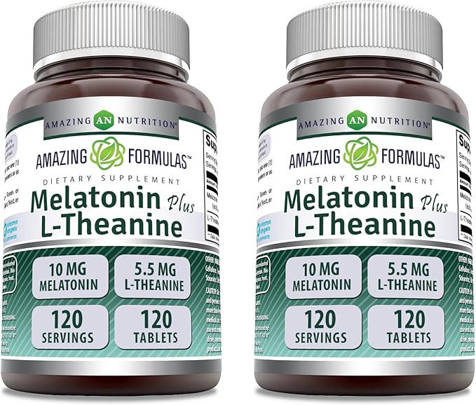 Amazing Formulas Melatonin 10 Mg Plus L-Theanine 5.5 Mg Supplement | Tablets | Non-GMO | Gluten Free | Made in USA | (120 Tablets, Pack of 2)