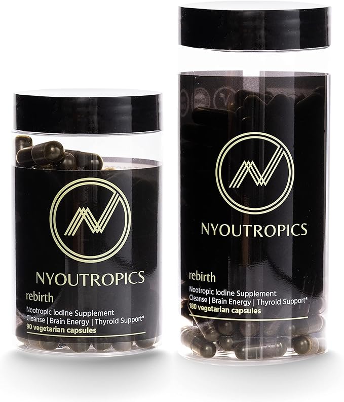 "Rebirth by NYOUTROPICS - Nootropic Iodine Supplement (180 Vegan Capsules), Provides Brain Support and Thyroid Support for Women and Men, Non-Accumulating Positive Monovalent Iodine Form"