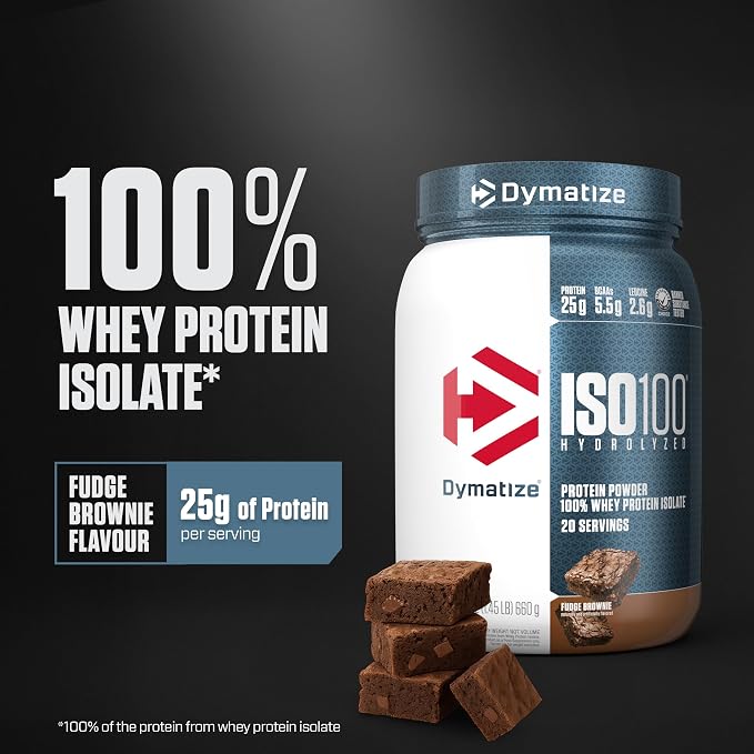 Dymatize ISO100 Whey Protein Powder Isolate, Fudge Brownie, 25g of Protein, 5.5g BCAAs, Less Than 120 Cal., Gluten Free, 1g Fat, 1g Sugar, 2g Carb (20 Servings)