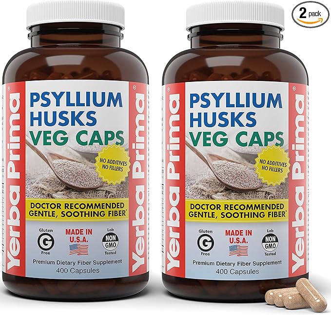 Yerba Prima Psyllium Husks Veg Caps, 400 Capsules (625mg) (Pack of 2) - Vegan, Non-GMO, Gluten Free, Colon Cleanser, Daily Fiber Supplement for Gut Health & Regularity