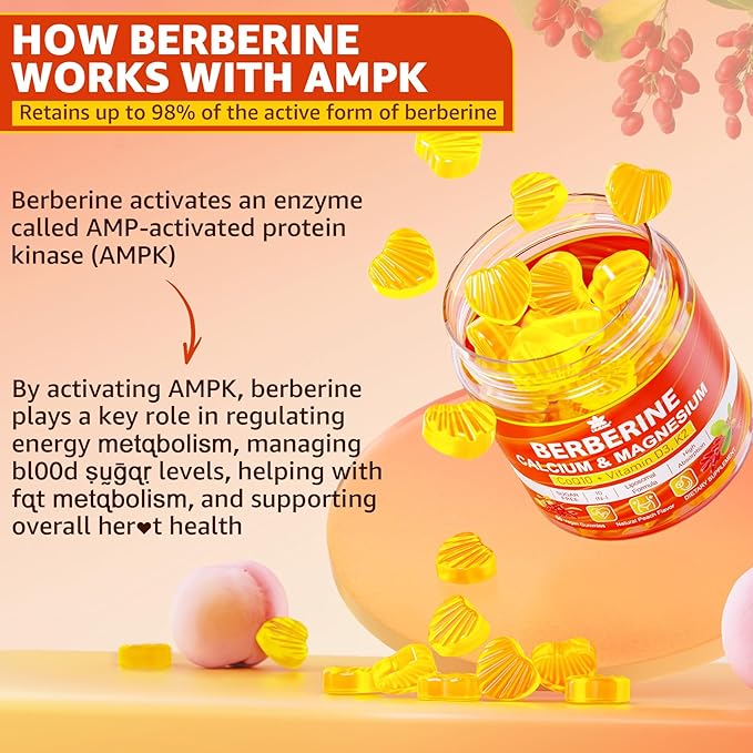 Berberine Gummies Sugar Free, Extra Absorption with Liposomal Berberine & Berberine HCI, Calcium, Magnesium, AMPK Activitor for Sugar & Level, Energy, Metabolism,Vegan, Pack of 1