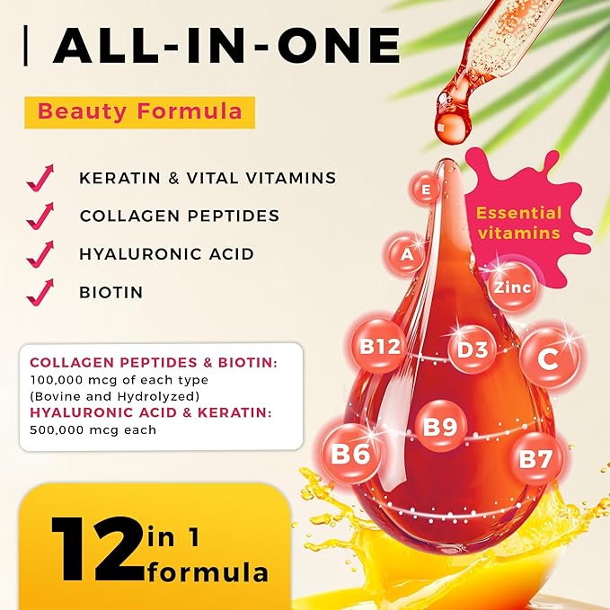 Liquid Biotin and Collagen Peptide Complex with Keratin, Hyaluronic Acid, MCT Oil, Zinc, Vitamins B6, B7, B12, A, C, D3, E - Hair, Skin, and Stronger Nails Supplement - 2 Pack