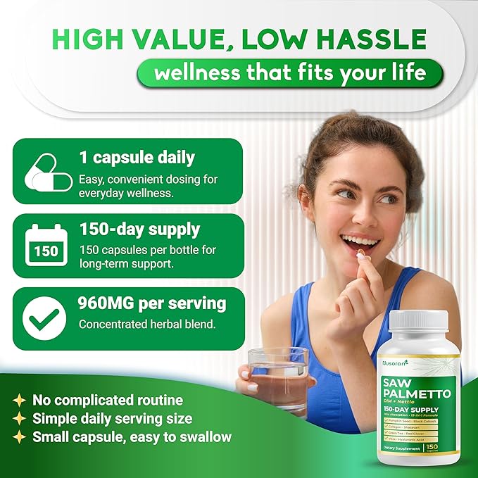 Ultra Saw Palmetto - 13-in-1 with DIM, Nettle, Pumpkin Seed, Collagen, Vitex - Max Absorption - 150 Capsules - Non-GMO, Gluten-Free, Lab Tested