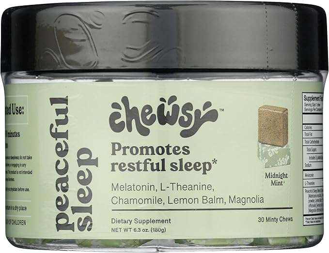 Chewsy Peaceful Sleep Chews, Sleep Support, 3 mg Melatonin, 200 MGS L-Theanine, Chamomile, Lemon Balm, Magnolia, Nighttime Sleep Aid, Naturally Minty Chews, Promotes restful Sleep, 30-Day Supply (1)