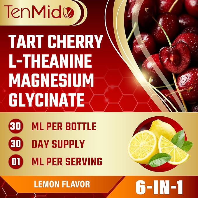 Tart Cherry Extract Liquid Drops - 6in1 with L-Theanine, Magnesium Glycinate, Passion Flower, Chamomile, Lemon Balm - Vegan, Non-GMO - 30ml 1 Fl Oz