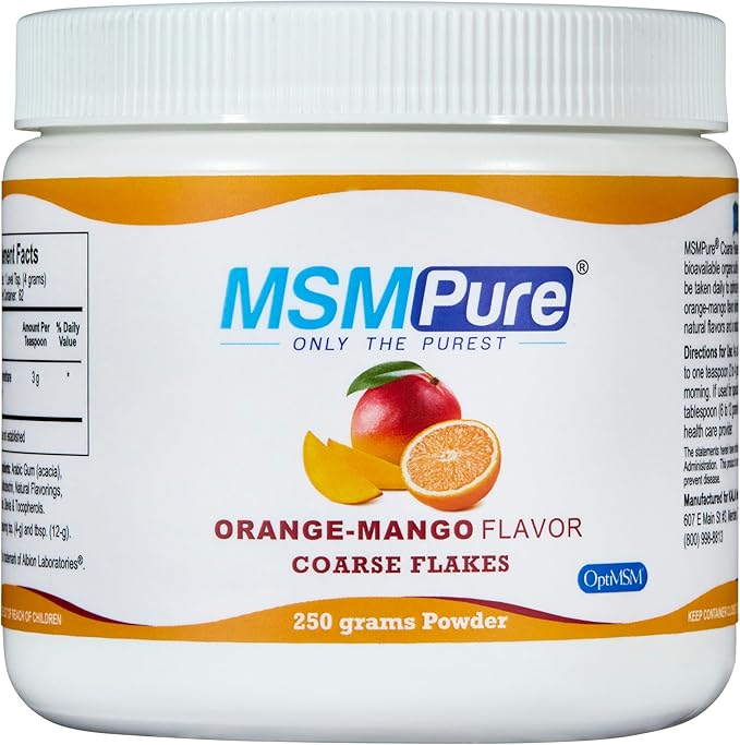 KALA HEALTH MSMPure Orange Mango Flavored Coarse MSM Powder Flakes – US-Made MSM for Joint Health, Skin Appearance, and Hair & Nail Support – 8.8 oz, Organic Sulfur