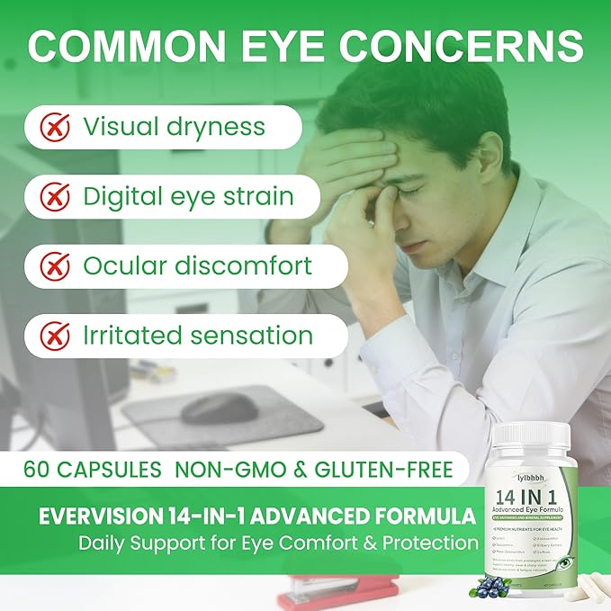 14 in 1 Advanced Eye Formula, Eye Supplement with Lutein, Zeaxanthin, Vision & Focus, Suitable for Adults and Seniors, 60 Capsules