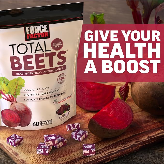 Force Factor Total Beets Soft Chews with Beetroot, Nitrates, L-Citrulline, Grapeseed Extract, & Antioxidants, Healthy Energy Supplement with Elite Ingredients for Heart, Superfood, 180 Count, 3-Pack