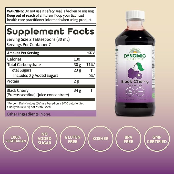 Dynamic Health Pure Black Cherry Unsweetened 100% Juice Concentrate, No Additives or Preservatives, Antioxidant, 8oz (Packaging Varies)