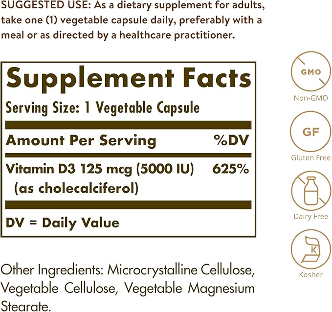 Solgar Vitamin D3 (Cholecalciferol) 125 Mcg (5000 IU), 120 Vegetable Capsules - Helps Maintain Healthy Bones & Teeth - Immune System Support - Non-GMO, Gluten Free, Dairy Free, Kosher - 120 Servings