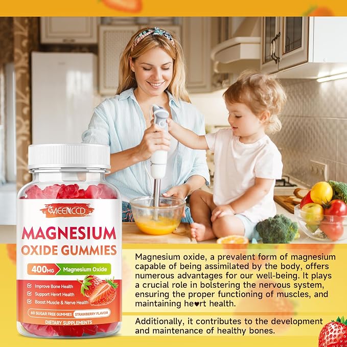 2 Pack Magnesium Oxide Gummies 400mg, Chewable Magnesium Oxide Supplement for Adults & Kids, Muscle Function Support, Non-GMO, Sugar-Free, Strawberry Flavor, 120 Count