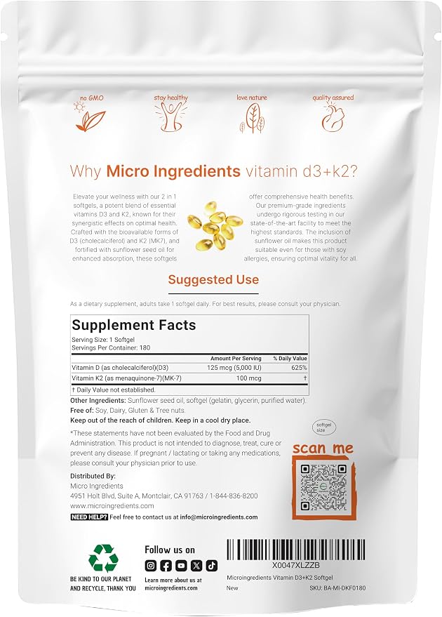 Micro Ingredients Vitamin D3 5,000 IU + K2 MK-7 100 mcg, 180 Softgels | 2-in-1 Formula | Easy to Swallow, Non-GMO