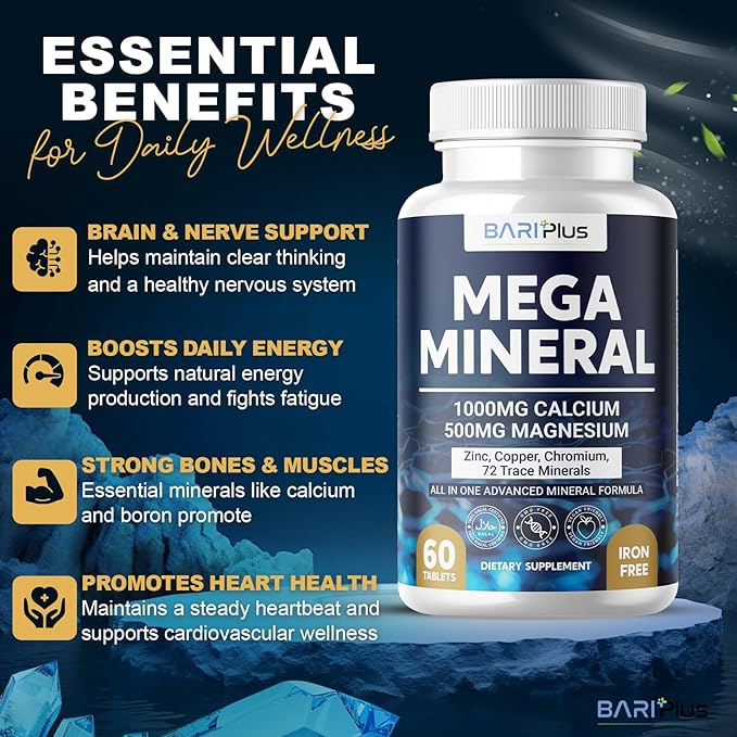 Mega Mineral – Complete Complex with Vitamin D, Calcium, Magnesium, Zinc, Potassium, Boron, Selenium, Chromium & Trace Minerals – Iron-Free – USA Made – 60 Tablets