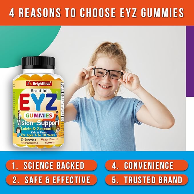 BrightKids Eye Health Gummies for Kids & Teens – Lutein & Zeaxanthin Vision Support – Vegan, Non-GMO Eye Vitamins for Screen Time – Tasty Mango Flavor – 60 Gummies