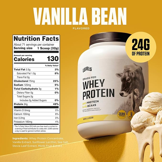 Levels Grass Fed Whey Protein Powder, No Artificials, 24G of Protein, Vanilla Bean, 5LB | 24G of protein and 5.4G BCAAs per scoop, made with hormone-free dairy, zero junk, no fillers, no added sugar, certified clean