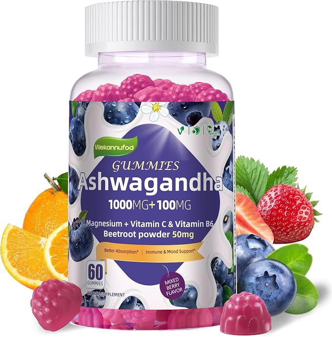 Wekannufod Ashwagandha Gummies 1000mg, 60 Count – Organic Root Extract, Daily Adaptogen Gummies, Non-GMO, Sugar Free & Gluten Free