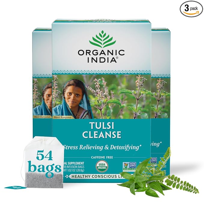 ORGANIC INDIA Tulsi Cleanse Tea - Holy Basil, Ginger, Turmeric, Herbal Tea, Stress Relieving & Cleansing, Immune Support, Adaptogen, Organic, Non-GMO, Caffeine-Free - 18 Infusion Bags, 3 Pack