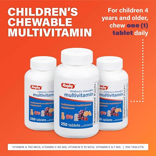 Rugby Children’s Chewable Multivitamin Tablets - Dietary Supplement - Assorted Fruit Flavors - Animal Shapes - 250 Count (1 Pack)