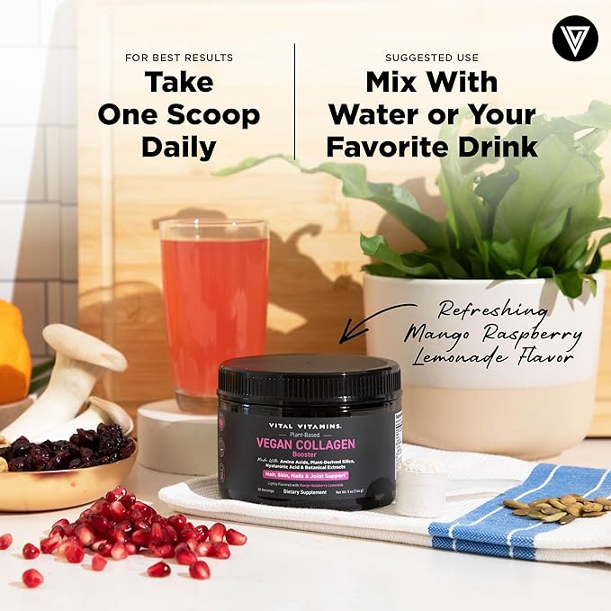 Vital Vitamins Vegan Collagen Booster Powder (2-Pack) - Made with Amino Acids, Silica, Hyaluronic Acid, & Botanical Extracts - Plant-Based - Mango Raspberry Lemonade Flavor - Hair, Skin, Nails