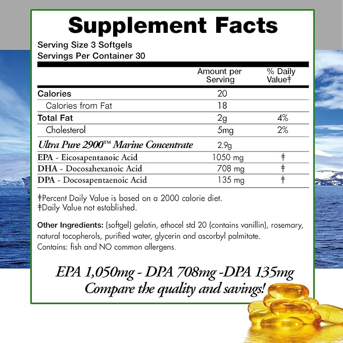 (Pack of 3) Natural Wild Omega 3 Fish Oil DPA Supplement 2,900 Milligrams Triple Strength Ultra Pure Concentrated, EPA-DPA-DHA, SoftGels with no Fish-Tasting Burps