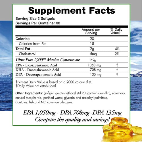 (Pack of 3) Natural Wild Omega 3 Fish Oil DPA Supplement 2,900 Milligrams Triple Strength Ultra Pure Concentrated, EPA-DPA-DHA, SoftGels with no Fish-Tasting Burps