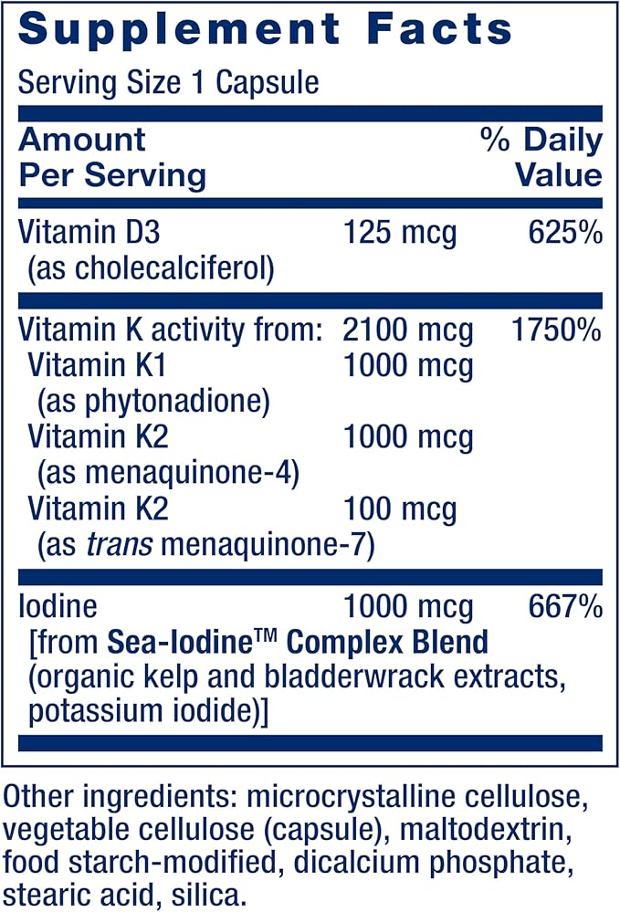 Life Extension Vitamins D and K with SeaIodine Bone Brain Thyroid Arterial Support Non GMO Once Daily Gluten Free, 60 Count