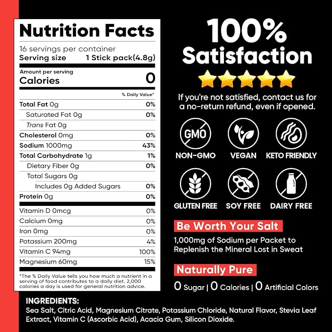 Venture Pal High Sodium Sugar-Free Electrolyte Powder Packets - Hydration Packets with Sodium, Potassium & Magnesium | Zero Calories | Keto, Vegan, and Paleo Friendly | 30 Sticks