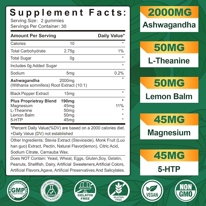 NEVISS Ashwagandha Gummies 2000mg, Feel Refreshed, Plus Proprietary Blend with L-Theanine, 5-HTP, Lemon Balm, Magnesium for Calm, Zzzs & Relaxation Support, 120 Count