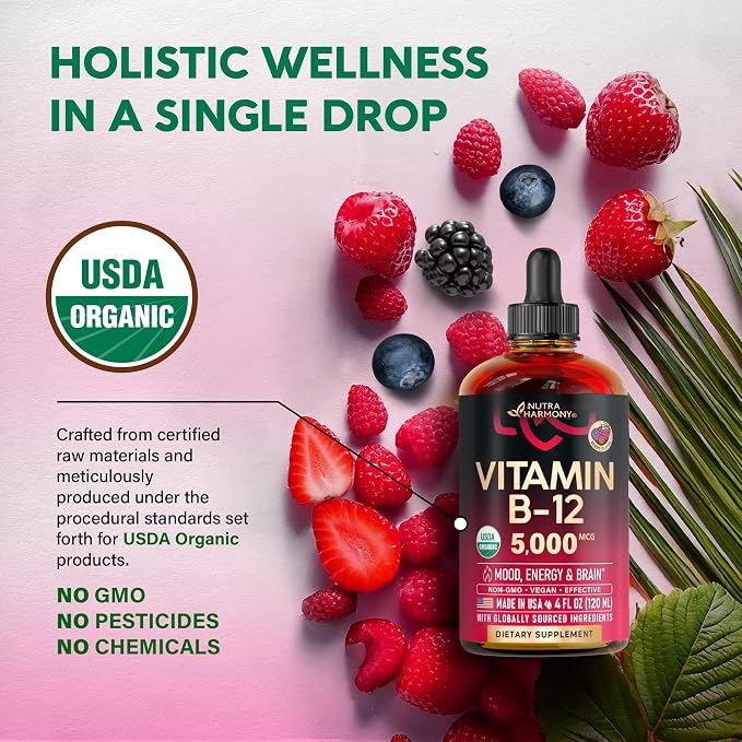 USDA Organic Vitamin B12 Sublingual Drops - 5000 mcg Liquid Vegan Methylcobalamin for Women & Men - Energy Boost, Focus & Mood, Brain Health Support - Maximize Absorption - 4 Month Supply, 4 fl oz