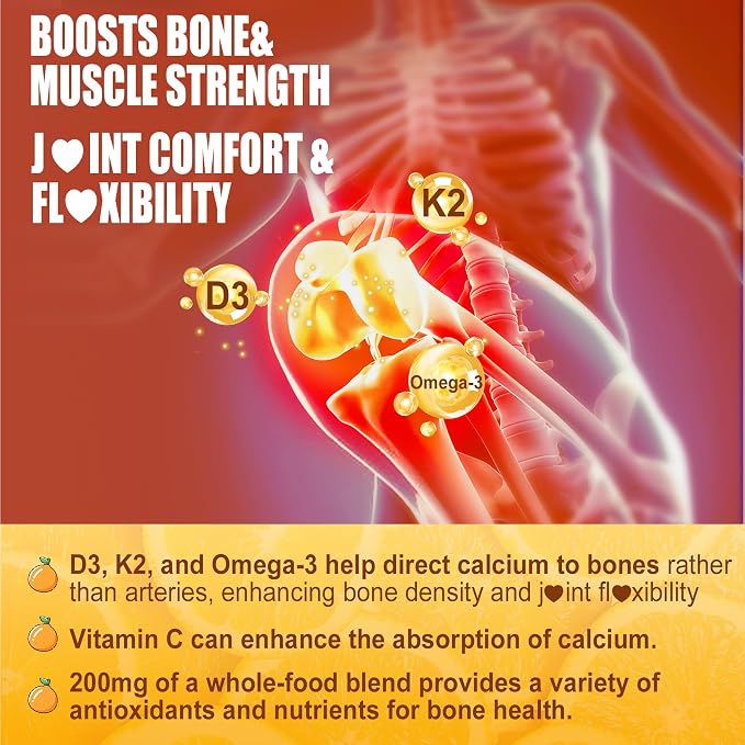 Vitamin D3 K2 Gummies 5000IU / 10,000 IU with Omega-3 250mg+K2(MK-7) 100mcg -5X Absorption Than Standard D3K2,with Vitamin C,Zinc,and 5 Organic Vegetables,Supports Bone & Teeth Strength, Immune,1 Pack