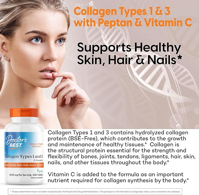 Doctor's Best Collagen Peptides Types 1 and 3 - Collagen Supplement for Women & Men, 30mg Vitamin C & 3g Protein per 3-Tablet Serving, Supports Hair, Skin, Nails, & Bones, Non GMO- 540 Tablets